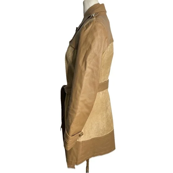 Iman Brown Leather Suede Jacket Trench Coat Belted 70s‎ Boho Hippie Small - Picture 2 of 4